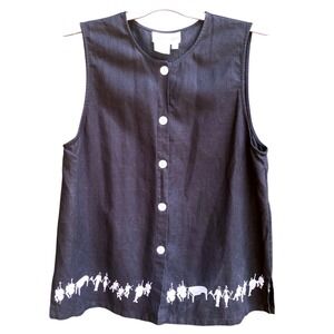 David Dart Collection Linen Sleeveless Top Musical Motif Button Front Size Small